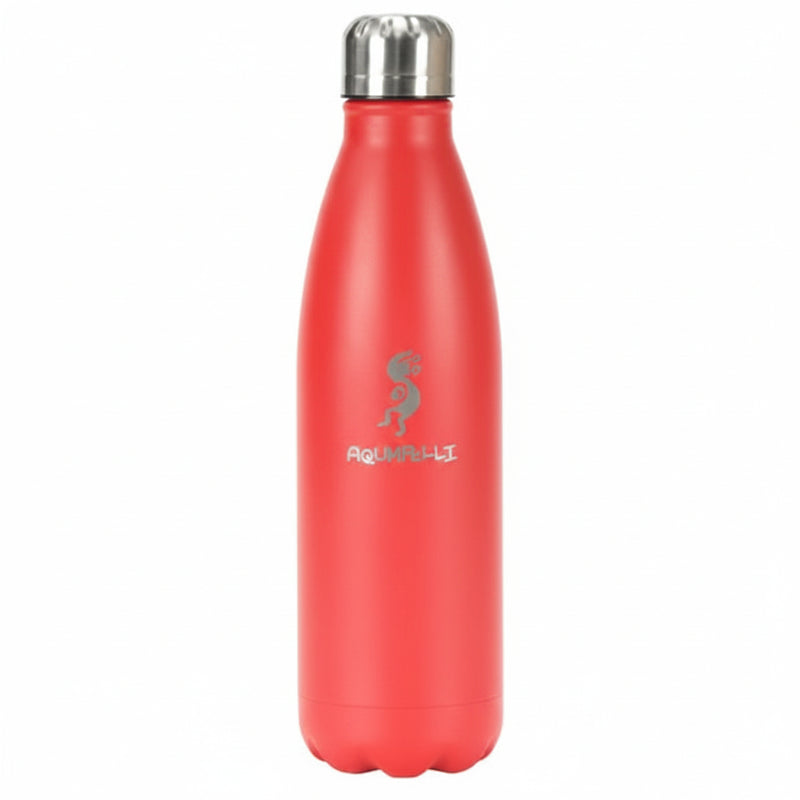 Red water bottle with a silver lid and a grey logo