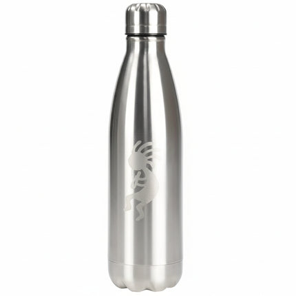 Silver water bottle with a Kokopelli design