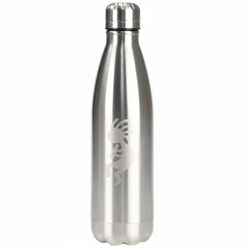 Silver water bottle with a Kokopelli design