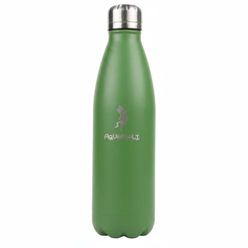 Green water bottle with a silver cap and a small logo