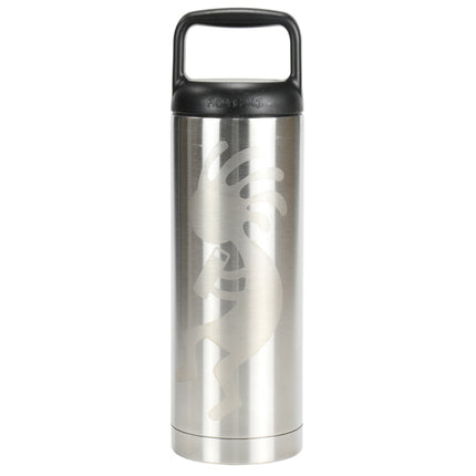 Stainless steel tumbler with a black handle on a white background