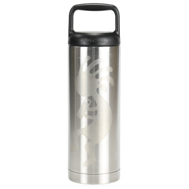 Stainless steel tumbler with a black handle on a white background