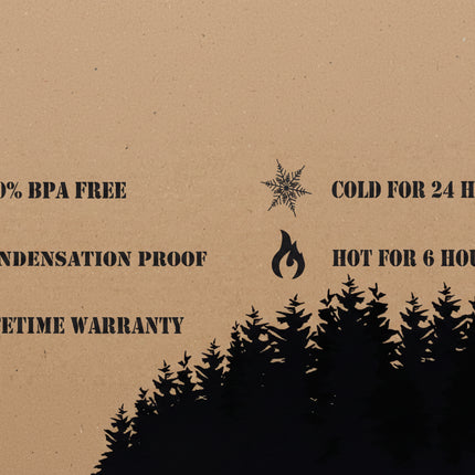 Product features: 100% BPA free, condensation proof, lifetime warranty, cold for 24 hours, hot for 6 hours
