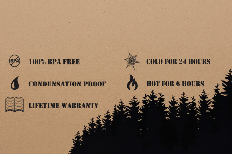 Product features: 100% BPA free, condensation proof, lifetime warranty, cold for 24 hours, hot for 6 hours