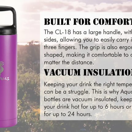 Purple Aquapelli water bottle with black handle and text describing comfort and vacuum insulation