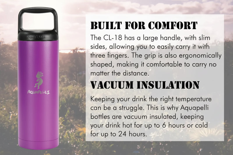 Purple Aquapelli water bottle with black handle and text describing comfort and vacuum insulation