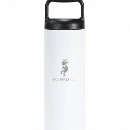 White water bottle with black lid and handle, featuring a silver Kokopelli design and Aquapelli text