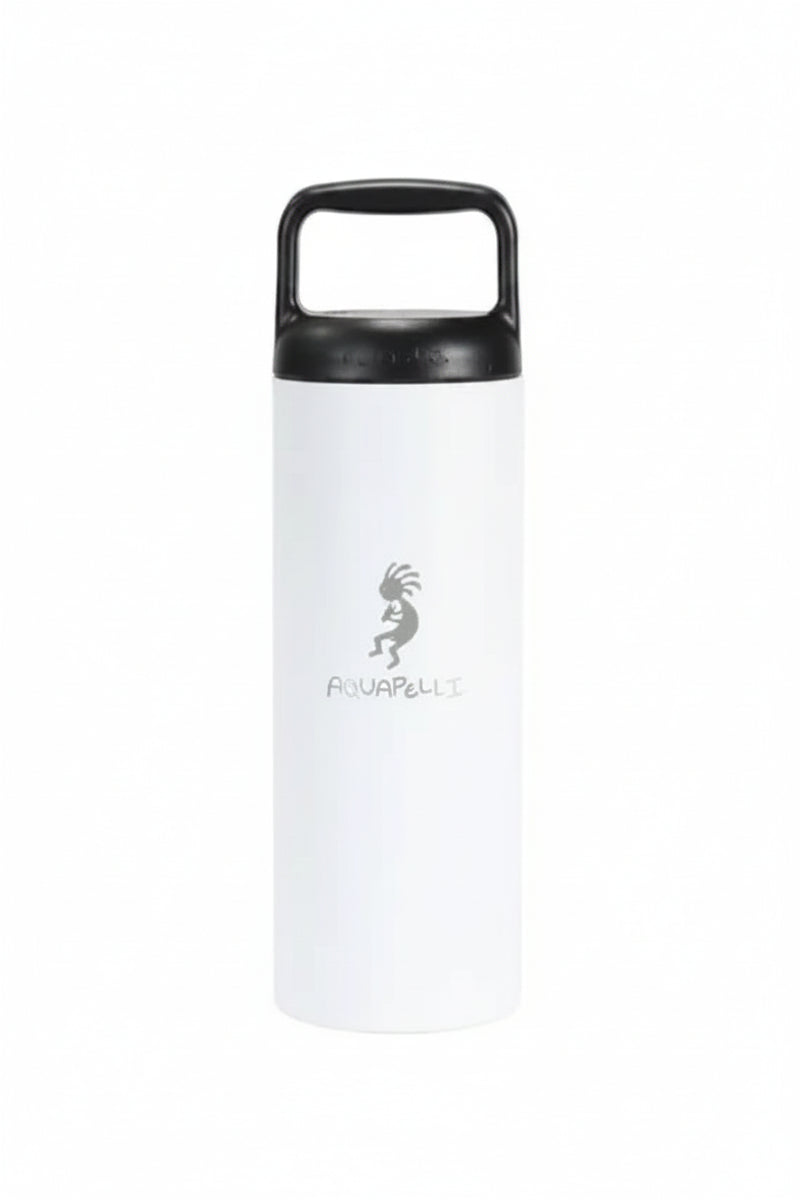White water bottle with black lid and handle, featuring a silver Kokopelli design and Aquapelli text