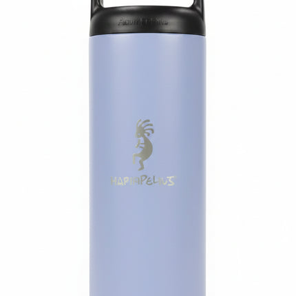 Light purple water bottle with black handle and Kokopelli logo