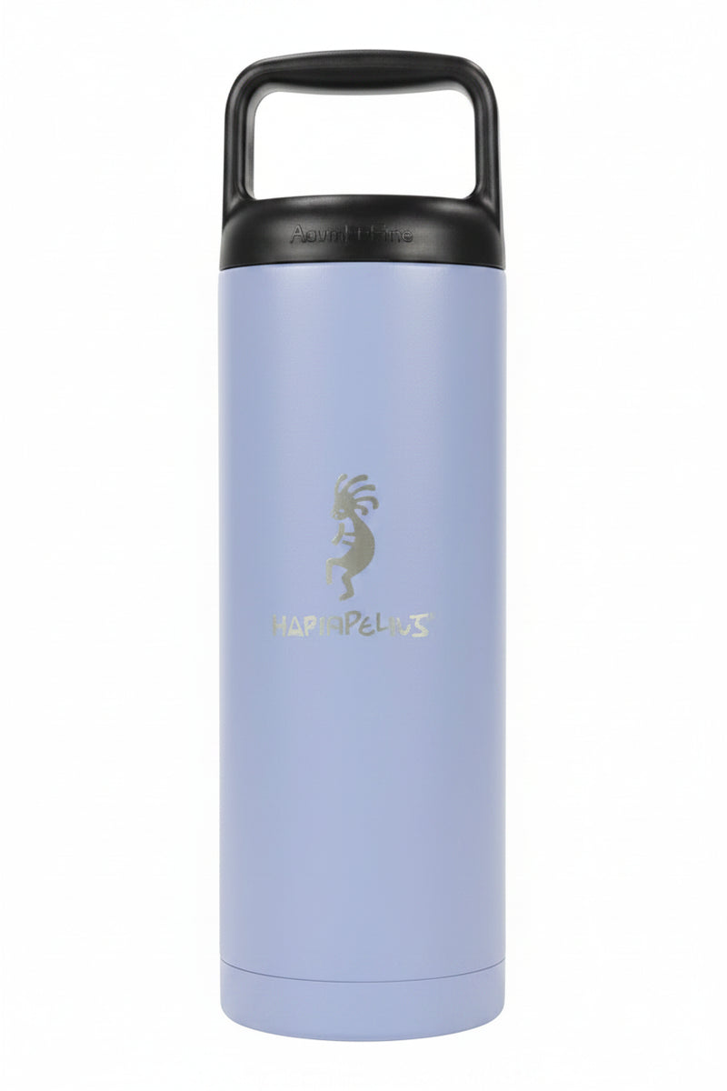 Light purple water bottle with black handle and Kokopelli logo