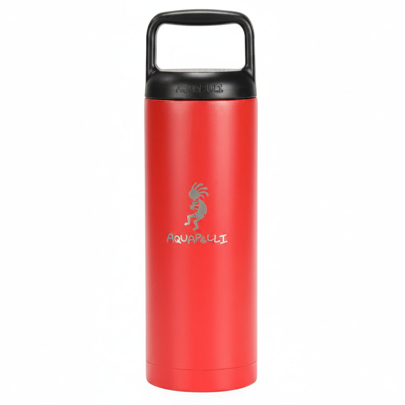 Red Aquapull water bottle with a black handle and lid