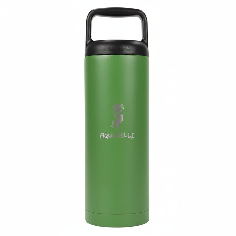 Green insulated water bottle with black handle and lid