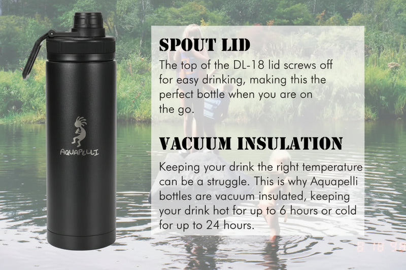 Black Aquapelli water bottle with spout lid and vacuum insulation features described