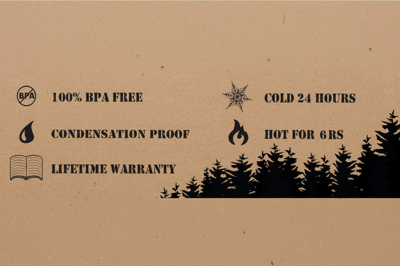 Product features: 100% BPA free, condensation proof, lifetime warranty, cold 24 hours, hot for 6 hours