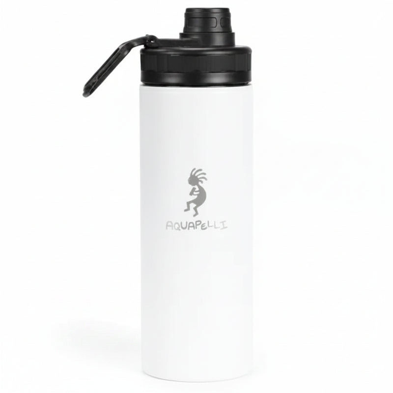White Aquapelli water bottle with black lid and handle