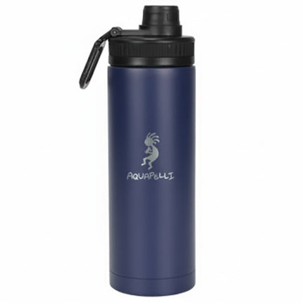 Navy blue water bottle with black lid and Aquapelli logo