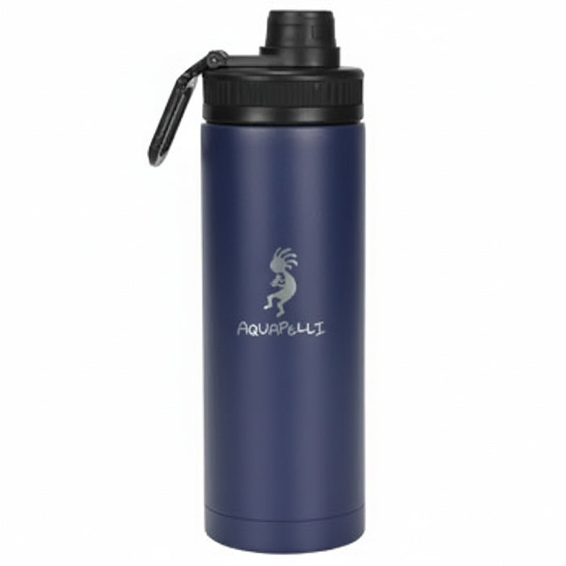 Navy blue water bottle with black lid and Aquapelli logo