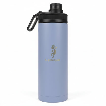 Light purple water bottle with black lid and handle, gold Kokopelli logo and Aquaport text