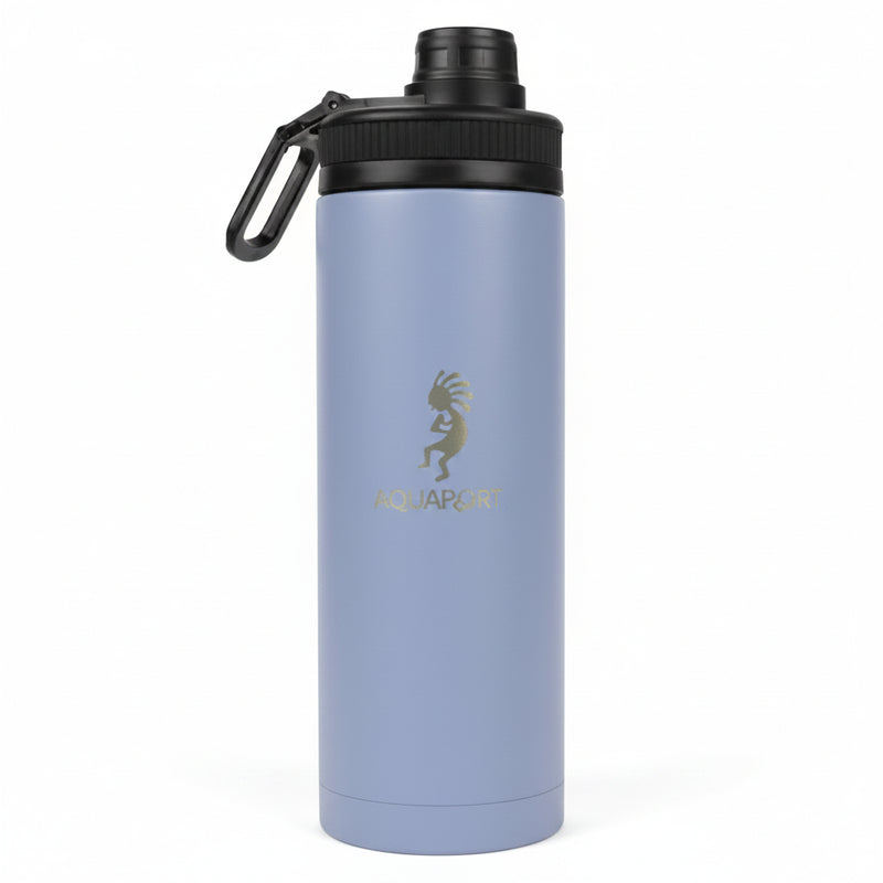Light purple water bottle with black lid and handle, gold Kokopelli logo and Aquaport text
