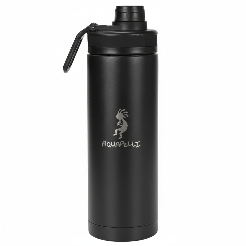 Black Aquapelli water bottle with a silver Kokopelli logo