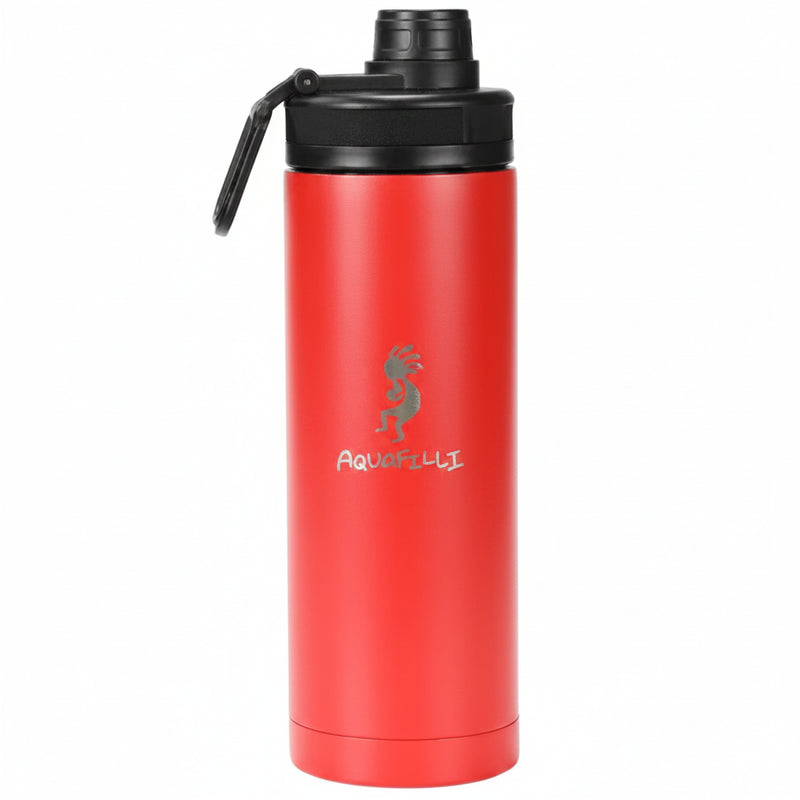 Red AquaFilli water bottle with black lid and handle
