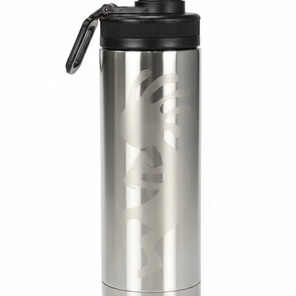 Stainless steel water bottle with black lid and carabiner clip, featuring a Kokopelli design