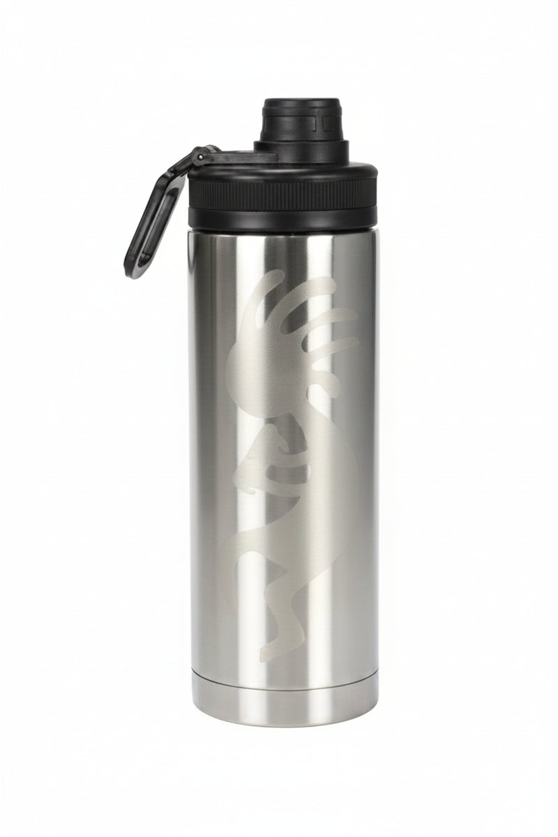 Stainless steel water bottle with black lid and carabiner clip, featuring a Kokopelli design
