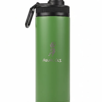 Green Aqua Cli water bottle with black lid and handle