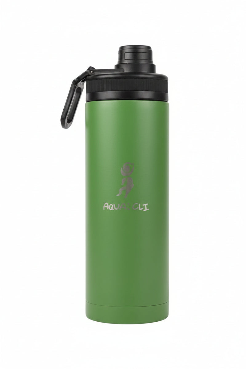 Green Aqua Cli water bottle with black lid and handle