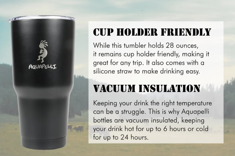 Aquapelli 28 ounce black tumbler with Kokopelli logo and product features