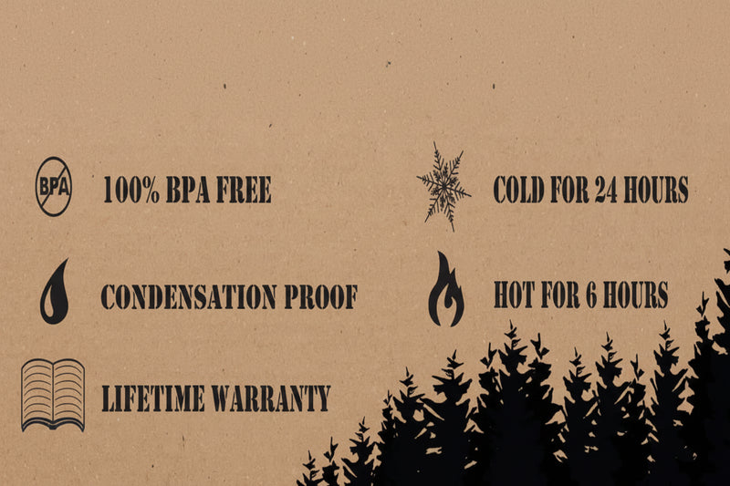Product features: 100% BPA free, condensation proof, lifetime warranty, cold for 24 hours, hot for 6 hours