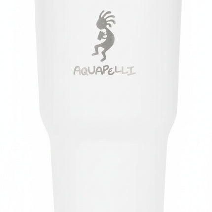 White Aquapelli tumbler with a silver Kokopelli logo and Aquapelli text