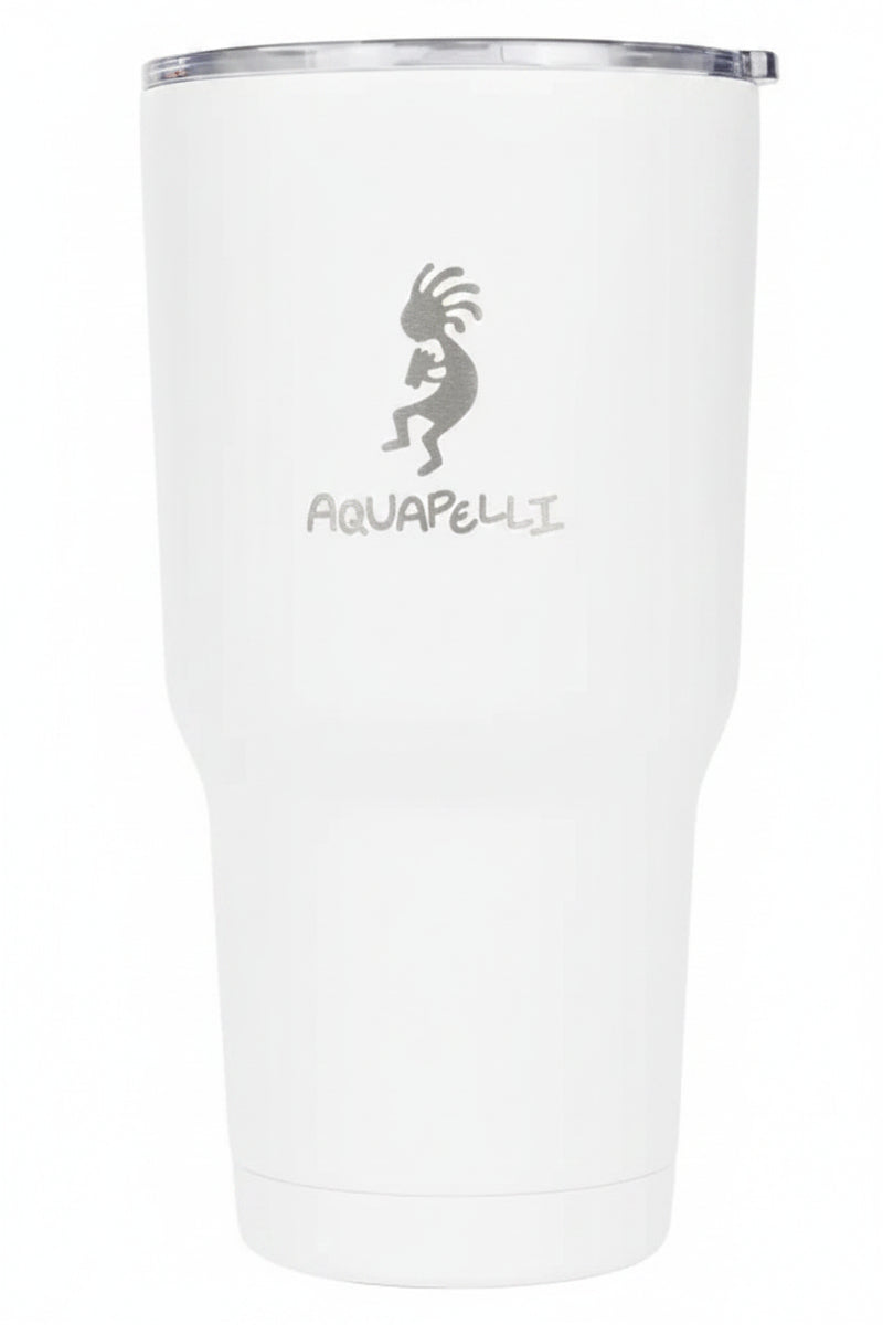 White Aquapelli tumbler with a silver Kokopelli logo and Aquapelli text