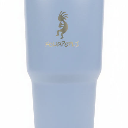 Light blue tumbler with a gold Kokopelli graphic and Kokopelli text