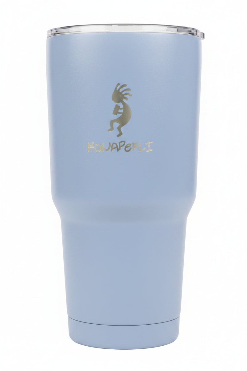 Light blue tumbler with a gold Kokopelli graphic and Kokopelli text