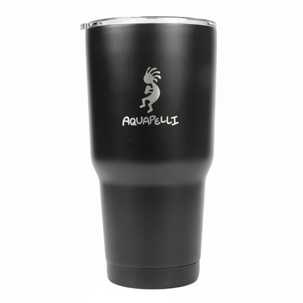 Black Aquapelli tumbler with a silver Kokopelli logo