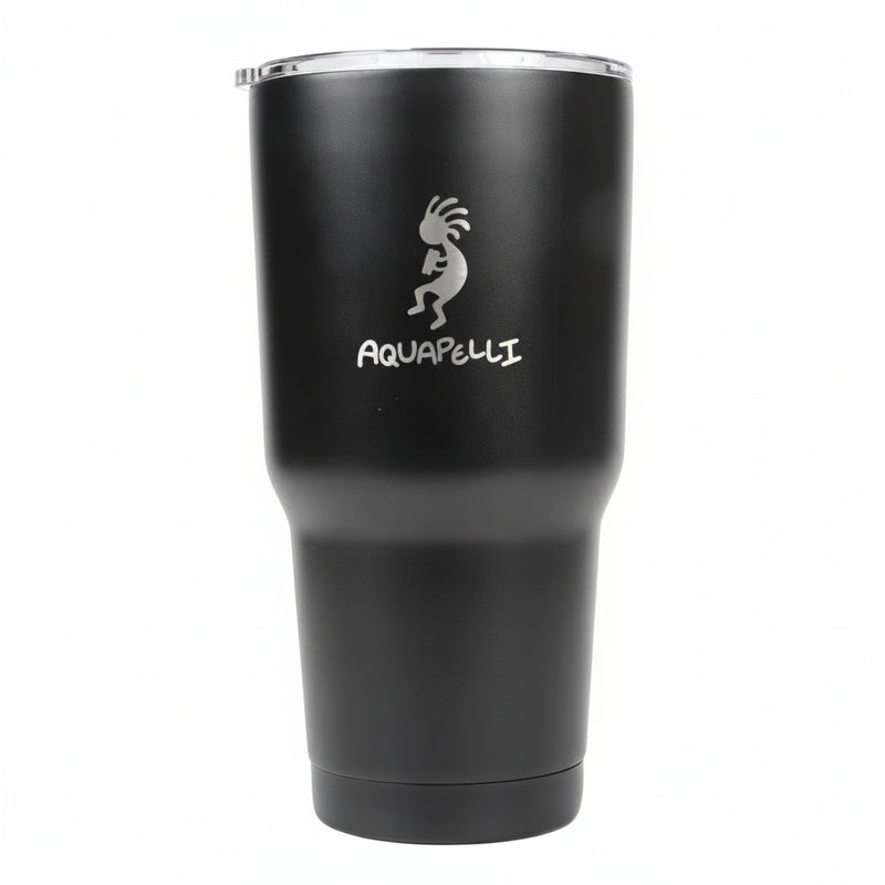 Black Aquapelli tumbler with a silver Kokopelli logo