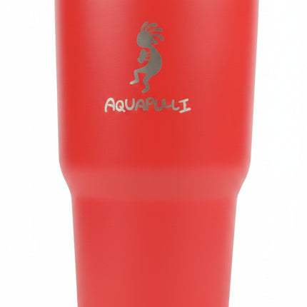 Red Aquapulli tumbler with a silver Kokopelli logo
