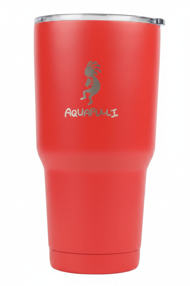 Red Aquapulli tumbler with a silver Kokopelli logo