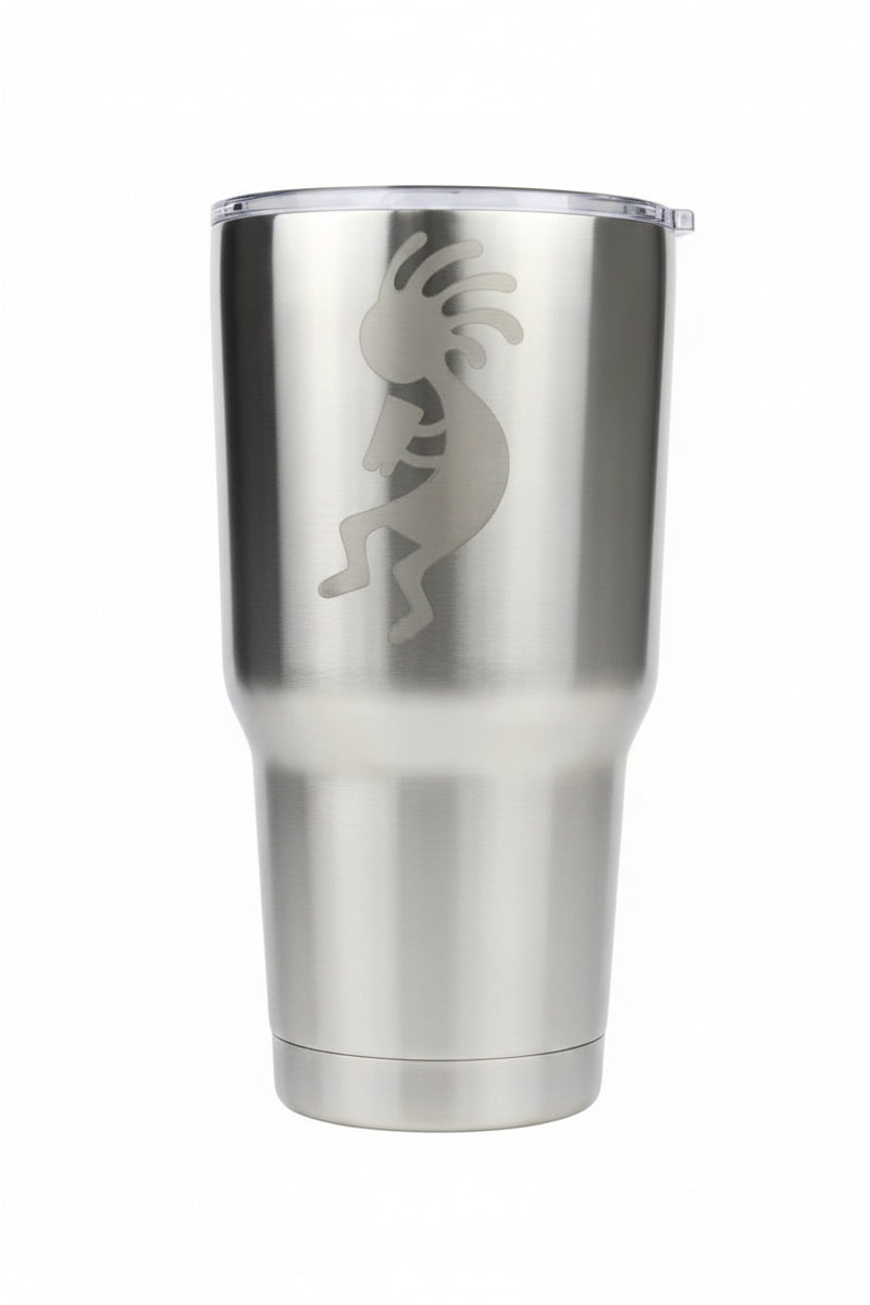 Stainless steel tumbler with a Kokopelli design