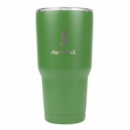 Green Aquasoli tumbler with a squirrel logo
