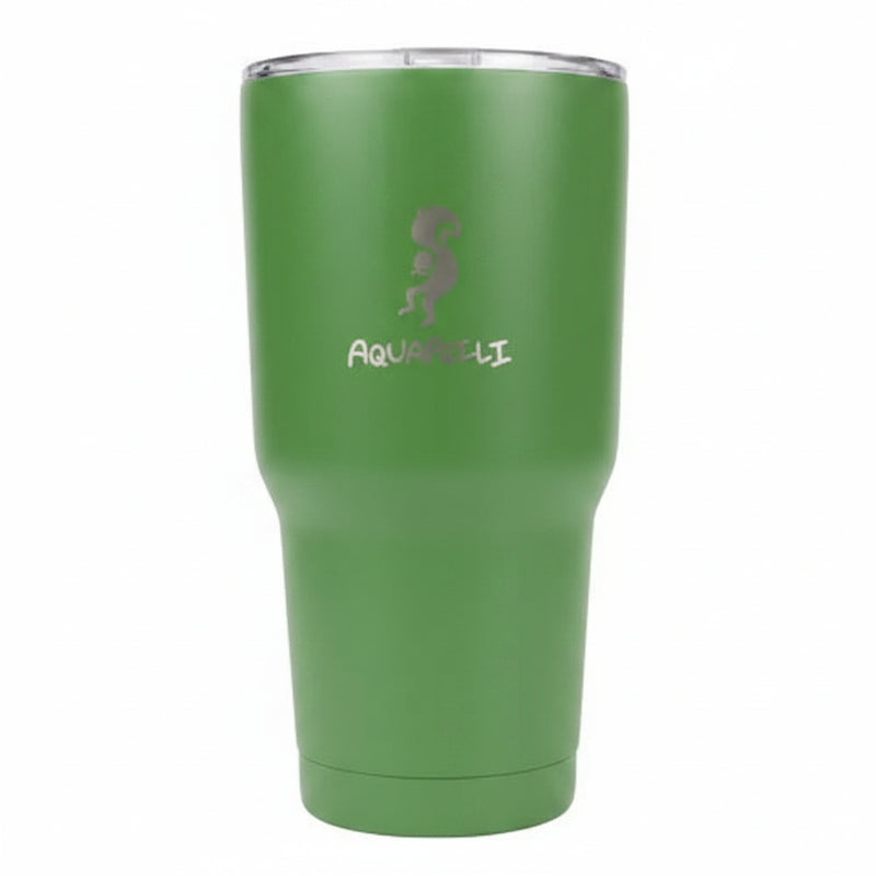 Green Aquasoli tumbler with a squirrel logo
