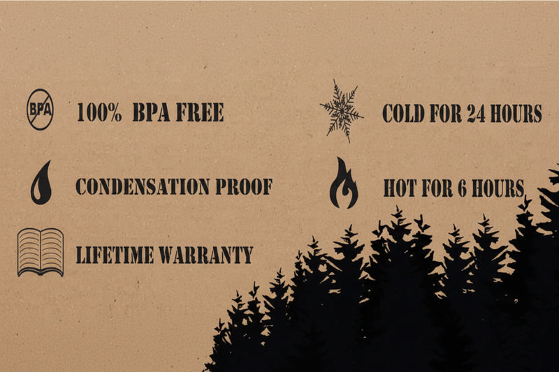 Product features: 100% BPA free, condensation proof, lifetime warranty, cold for 24 hours, hot for 6 hours