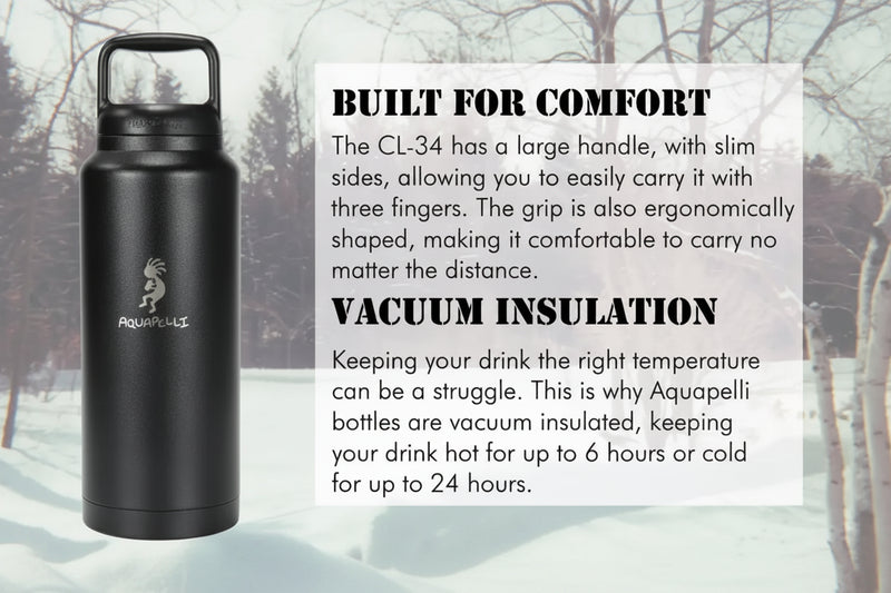 Black Aquapelli water bottle with handle, text overlay about comfort and vacuum insulation
