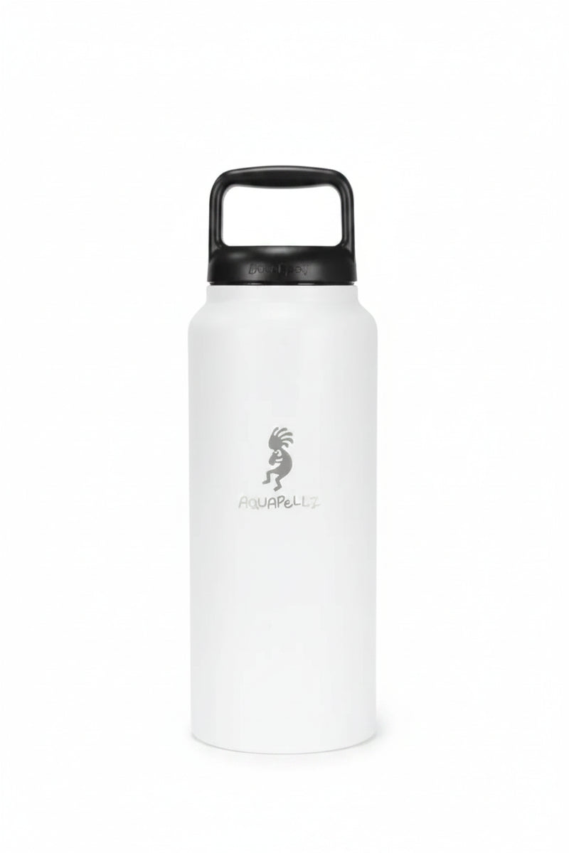 White water bottle with black handle and Aquapellz logo