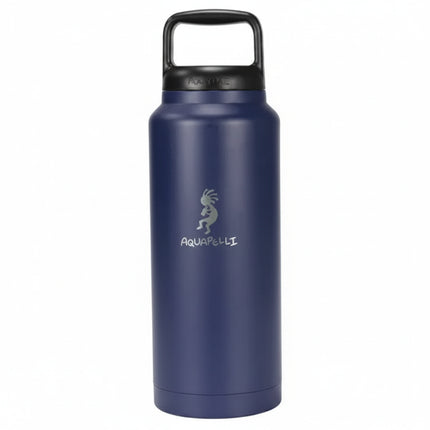 Aquapelli 32oz water bottle in navy blue with a black handle