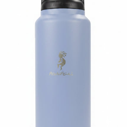 Light blue water bottle with black handle and gold logo