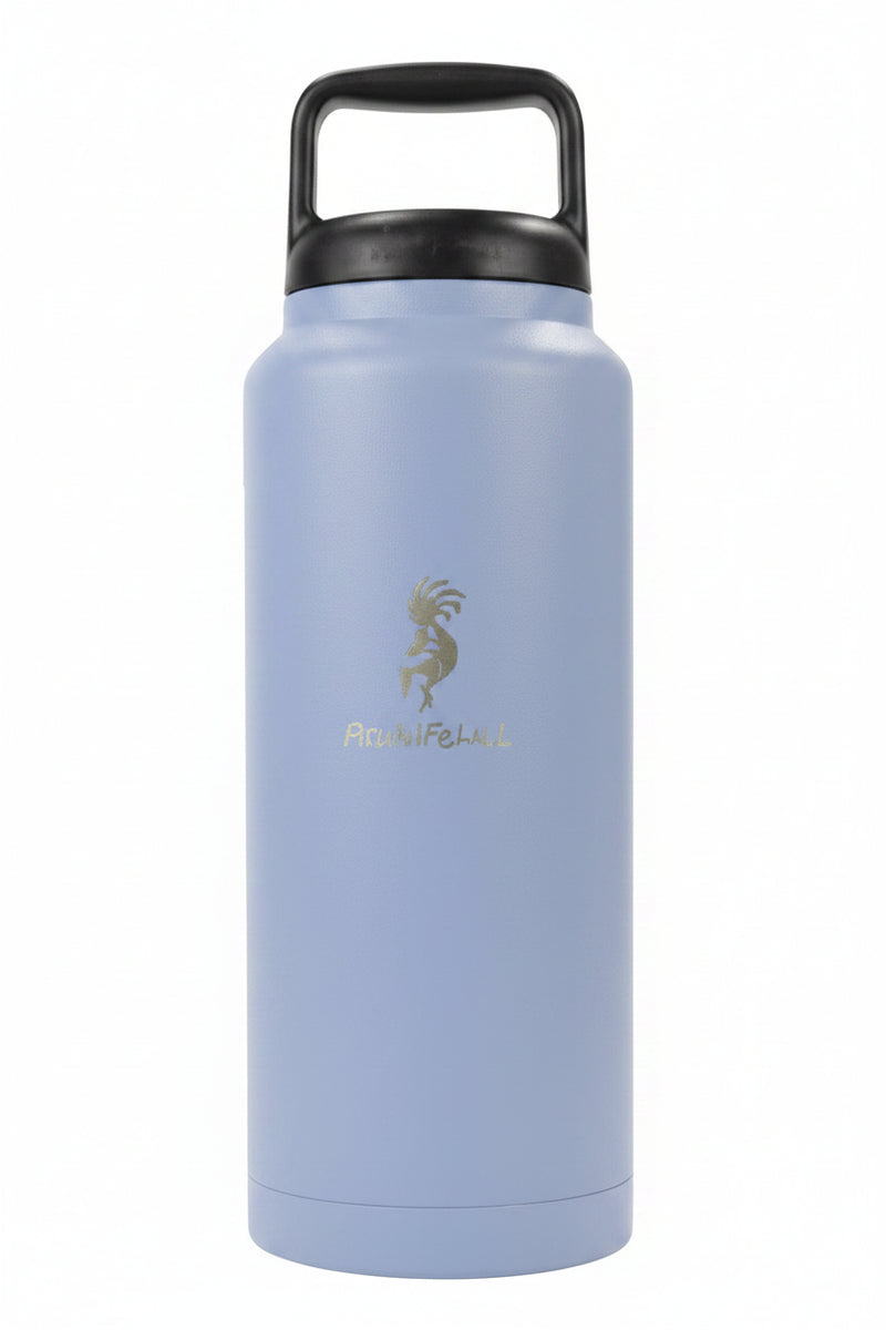 Light blue water bottle with black handle and gold logo