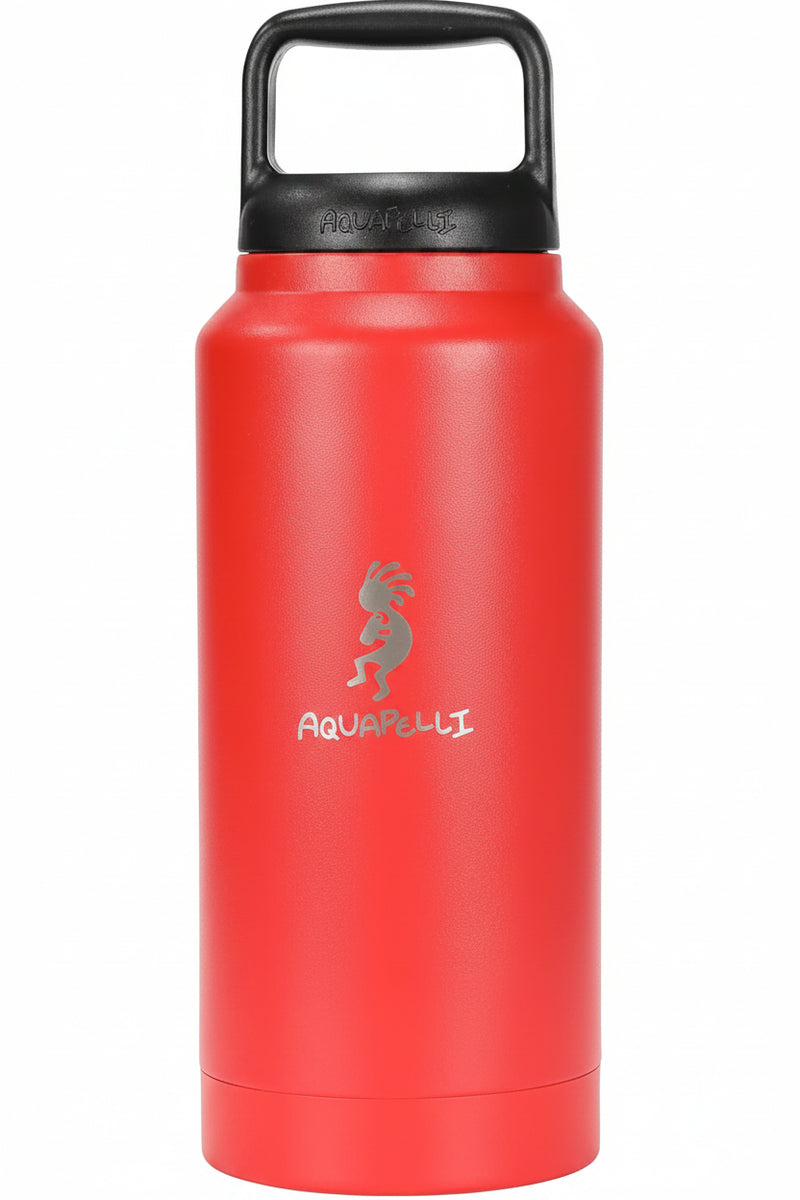 Red Aquapelli water bottle with black handle and logo