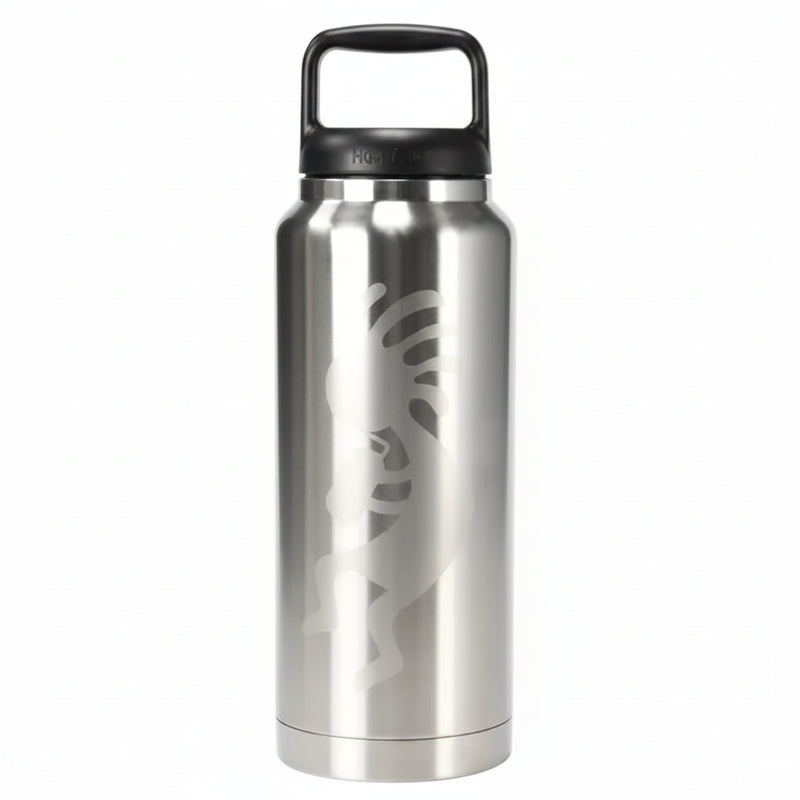 Stainless steel water bottle with black handle and Kokopelli design